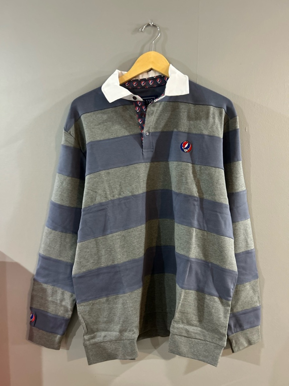 Men's Long-Sleeve Rugby Polo in Gray and Blue with White Collar Grateful Dead